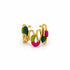Anillo artesanal en bronce con baño en oro de 24 k y detalles tejidos en verde y fucsia. Diseño colombiano de la colección Entre pétalos.